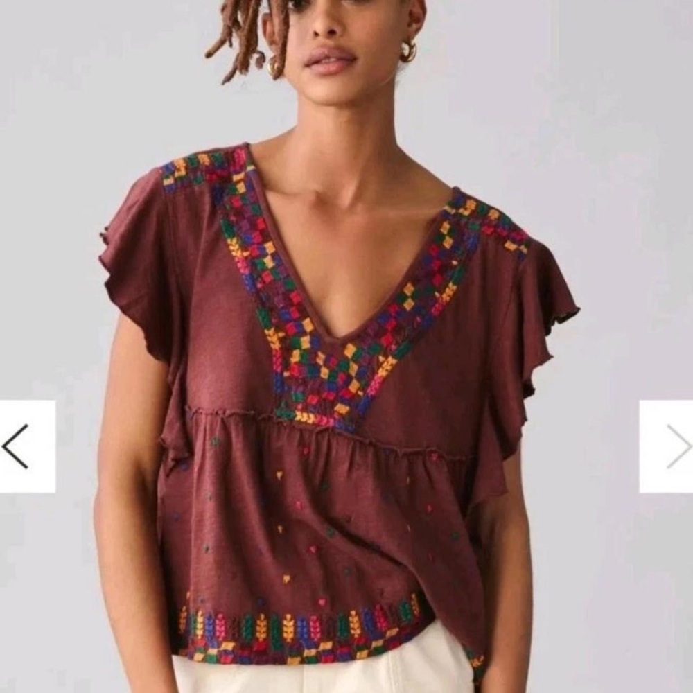 Anthropologie Maroon V-Neck Embroidered Flutter-Sleeve Top